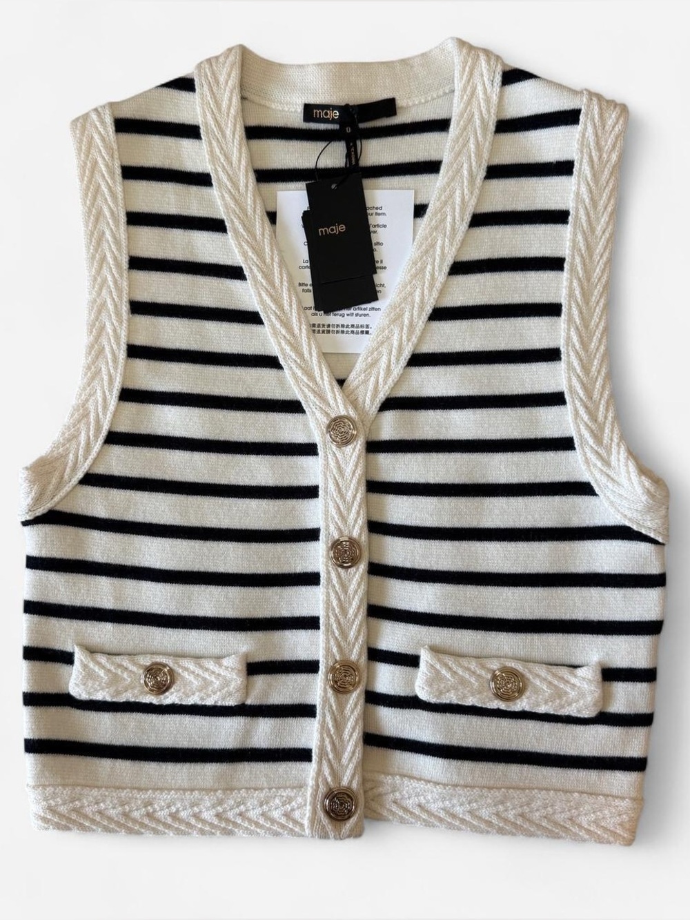 Maje NWT Ivory & Black Striped V-Neck Knit Vest